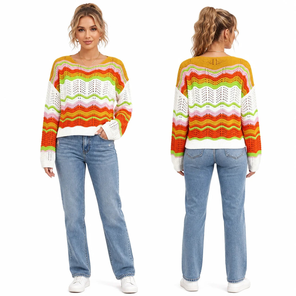 Colorful Wave Stripe Crochet Knit Sweater for Women, Hollow Out Long Sleeve Crewneck Loose Pullover Top, Y2K Retro Bohemian Sweater