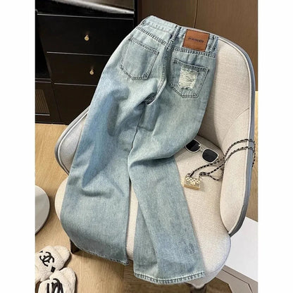 Casual Jeans Womens Straight Leg Denim Trousers Loose Fit High Waist Light Blue Wide Leg Vintage Ripped Design Autumn New