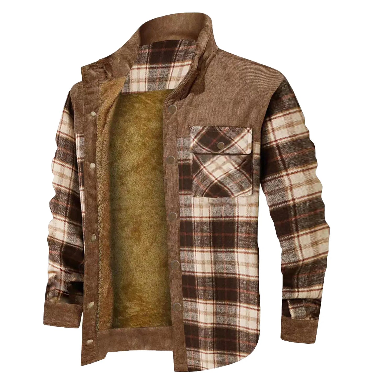 Men's Winter Wool Lined Flannel Plaid Shirt Jacket With Button Hooded Long Sleeved Jacket Men Sweaters Coats