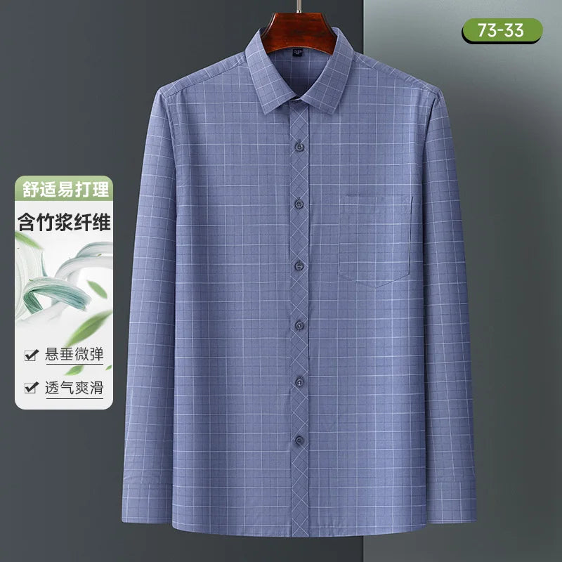Bamboo Fiber Mens Business Shirt Long Sleeve Casual Plaid Print Stripe Fashion Anti-Wrinkle Button Up Social Oversized S-7XL 5XL