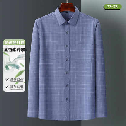 Bamboo Fiber Mens Business Shirt Long Sleeve Casual Plaid Print Stripe Fashion Anti-Wrinkle Button Up Social Oversized S-7XL 5XL