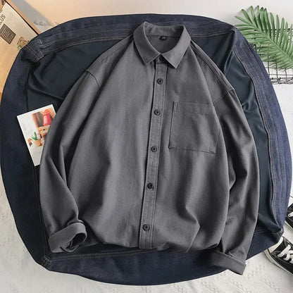 Heavy duty pure cotton shirt men's long sleeved ins trendy loose jacket for spring inner wear casual workwear shirt