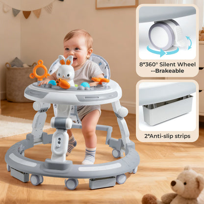 Safety-Enhanced 4-In-1 Grow-With-Me Baby Walker & Play Center - Adjustable 8 Heights, Anti-Tip Base, 8 Silent Brake Wheels