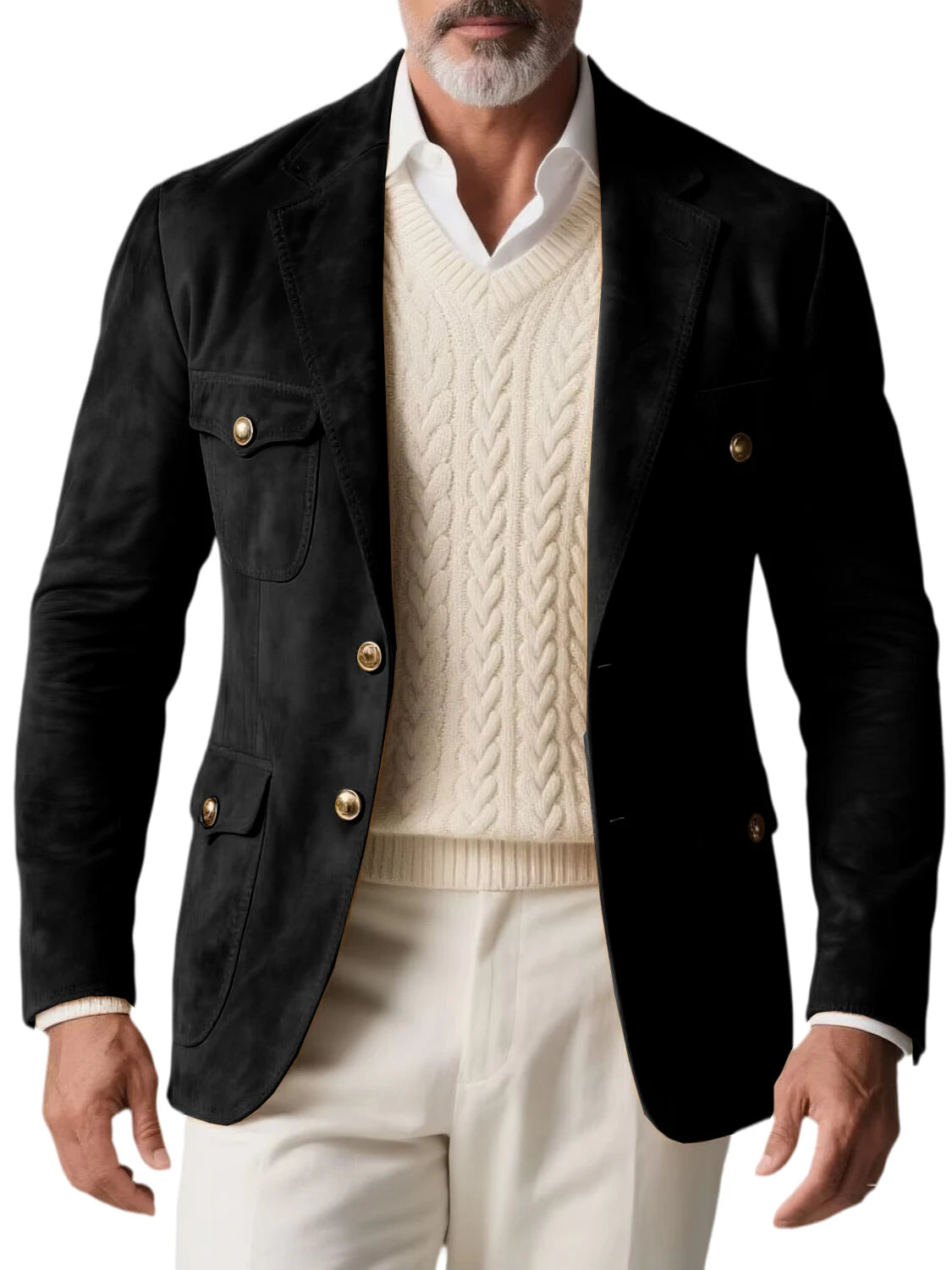 1970s Men's Suede Blazer Retro Slim Fit Two Buttons Multi Pocket High Quality Jacket Fashion Casual Sport Coat For Daily Wear