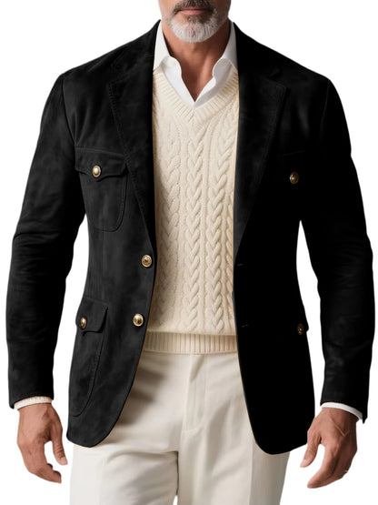 1970s Men's Suede Blazer Retro Slim Fit Two Buttons Multi Pocket High Quality Jacket Fashion Casual Sport Coat For Daily Wear