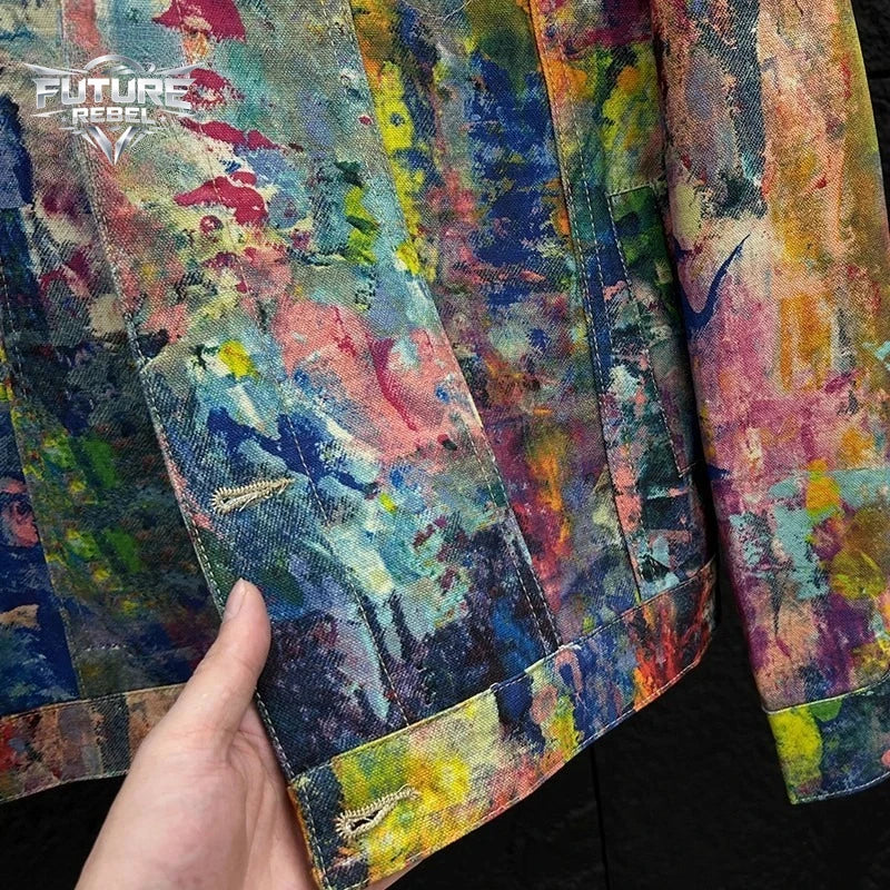 Y2K Graffiti Painting Printed Denim Jacket Men Streetwear Casual Loose Fashion Hip Hop Colorful Gothic Jacket Harajuku Unisex