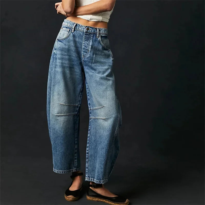 Women Vintage American Style Denim Jeans New Knee Splicing Design Straight Pants Female Commuter Casual Loose Mid Waist Trousers