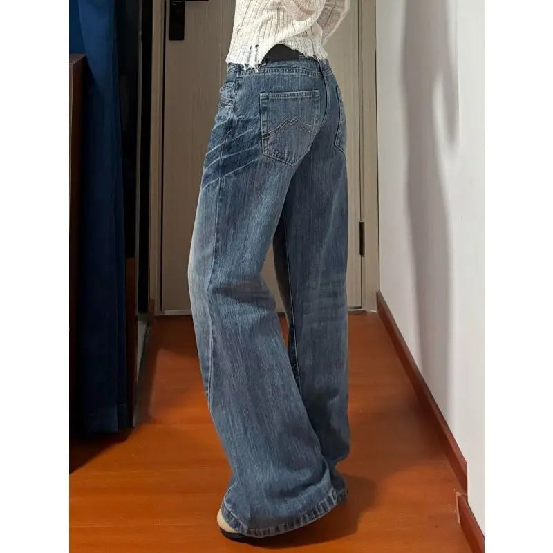 New American Vintage Edgy Low Waist Washed Jeans Women Lightning Crack Flared Wide Leg Floor Length Versatile Denim Pants