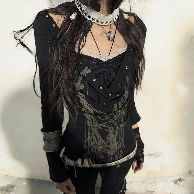 Karrram Grunge Aesthetics Tattoo Print T-shirt Japanese Y2k Fake Two-piece Tops Trashy 2000s Style Streetwear Black Gothic Punk