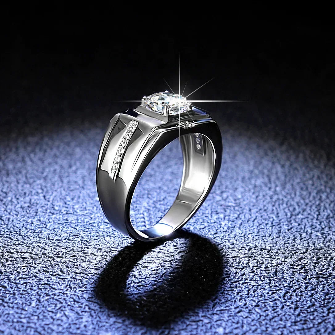 Solid 18K White Gold Ring 1CT Moissanite Male's Wedding Ring Stone Certified Natural Diamond Rings For Man D Color VVS1 Jewelry