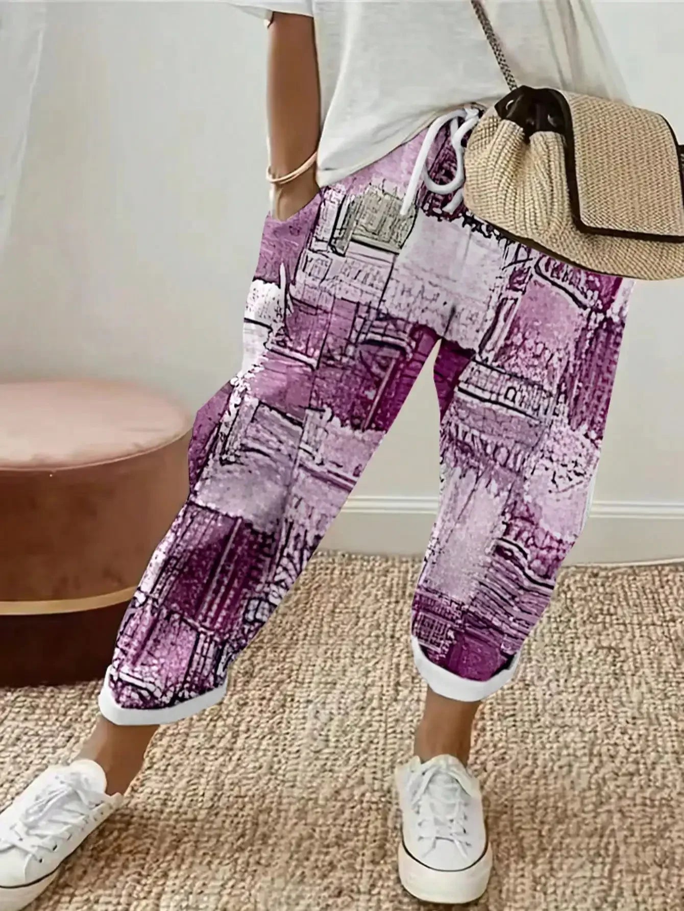 Plus size 1XL-5XL Women's Fashion Printed Flower Pants Ladies Casual Comfortable Loose Pocket Pants Casual Mid-waist Haren Pants
