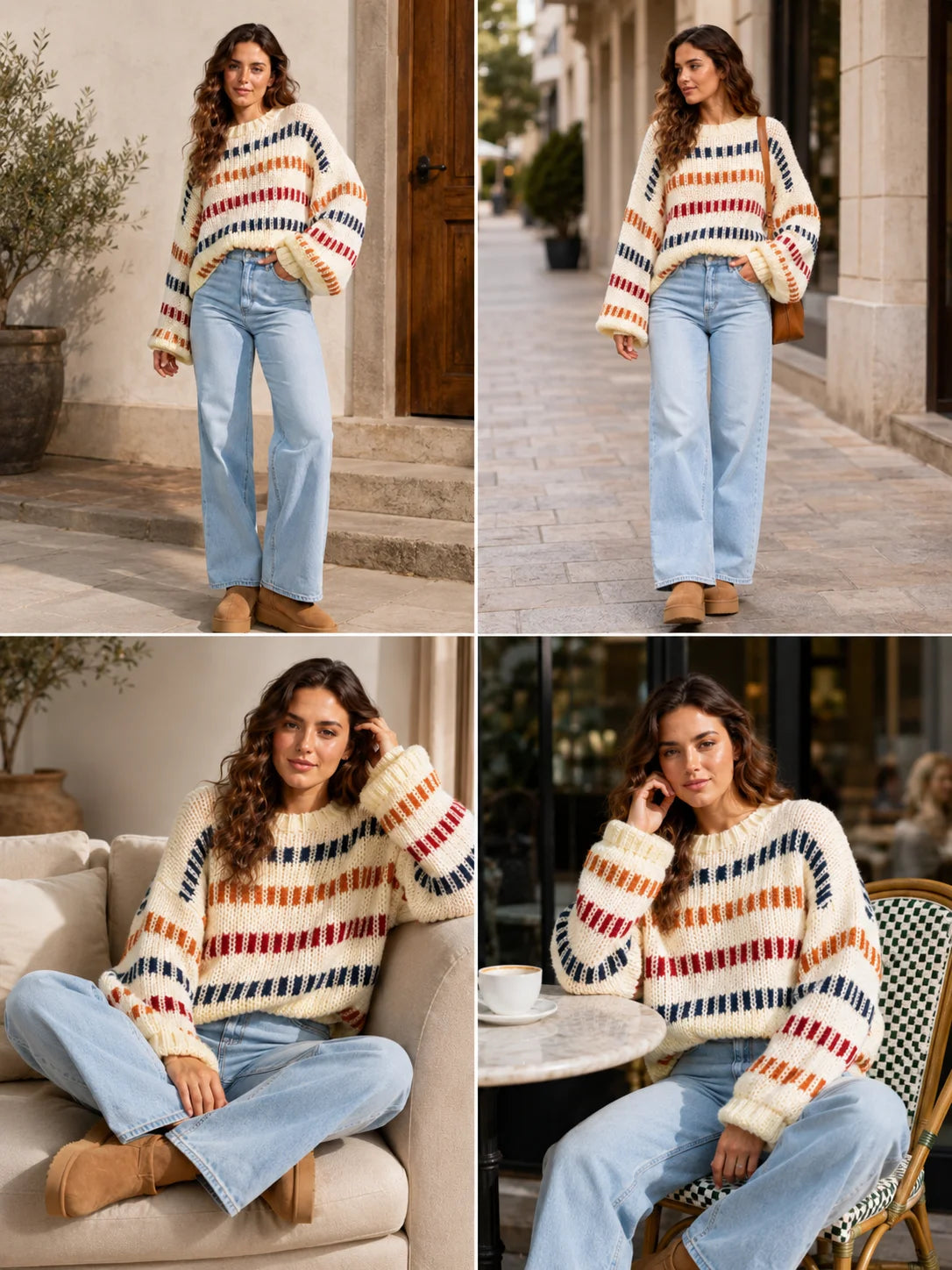 Vibrant Color Block Stripe Chunky Knit Sweater for Women, Oversized Crew Neck Long Balloon Sleeve Loose Pullover Jumper,