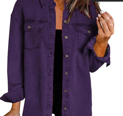 Autumn Winter New Women's Outerwear Denim Shirt Jacket Washed Finish Distressed Hem Single Row Buttons Pockets Street Fashion