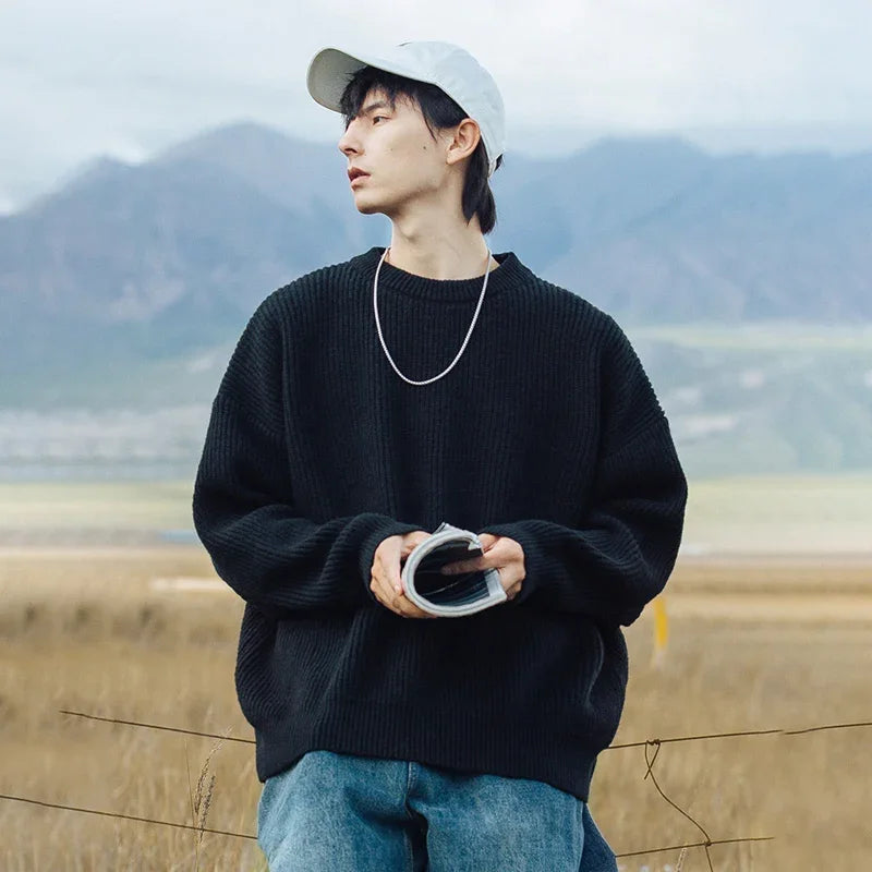TFETTERS Brand Black Knitwear for Men Baggy 2026 Winter New Polyester Japan Sweaters Male Retro O Neck Classics Couples Clothing