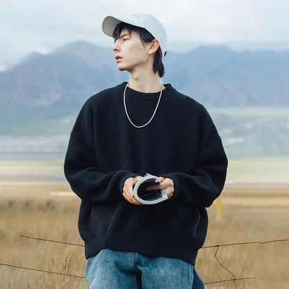 TFETTERS Brand Black Knitwear for Men Baggy 2026 Winter New Polyester Japan Sweaters Male Retro O Neck Classics Couples Clothing
