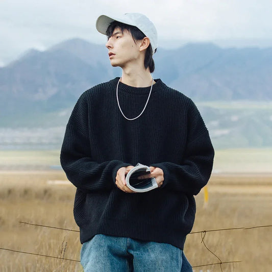 TFETTERS Brand Black Knitwear for Men Baggy 2026 Winter New Polyester Japan Sweaters Male Retro O Neck Classics Couples Clothing