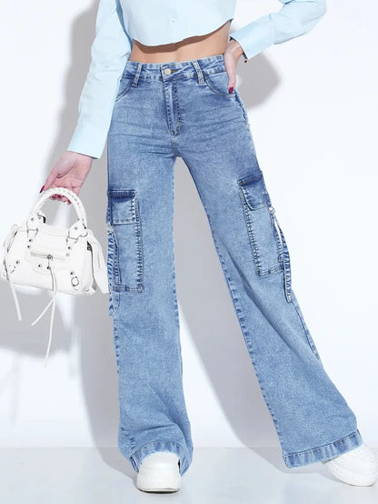 Women's Washed Utility Jeans with Multiple Pockets - Stylish and Practical Denim Pants for Everyday Wear