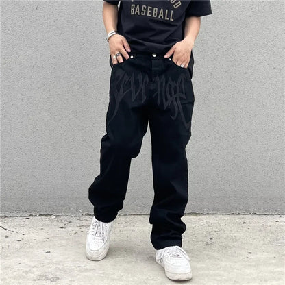 2024 New American Style Embroidered Letters Black Loose Jeans for Men Retro Street Hip Hop Y2K Men's Straight Denim Trousers