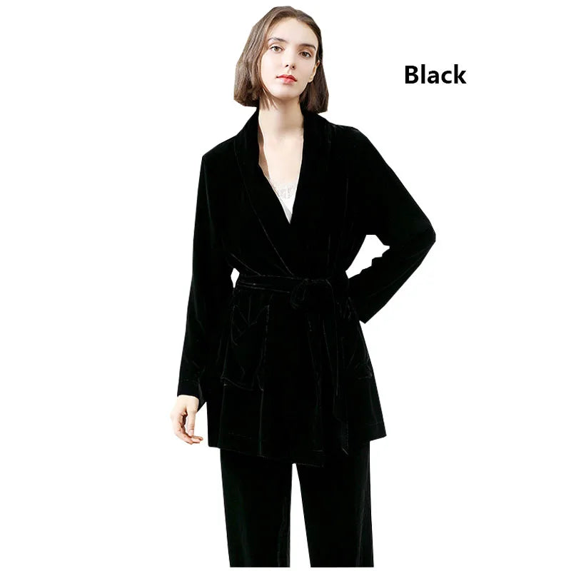 Mulberry Silk Velvet Lady Coat Blue Cardigan Lace-up Top Temperament Generous Business Leisure Outdoor Travel Spring and Autumn