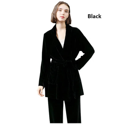Mulberry Silk Velvet Lady Coat Blue Cardigan Lace-up Top Temperament Generous Business Leisure Outdoor Travel Spring and Autumn