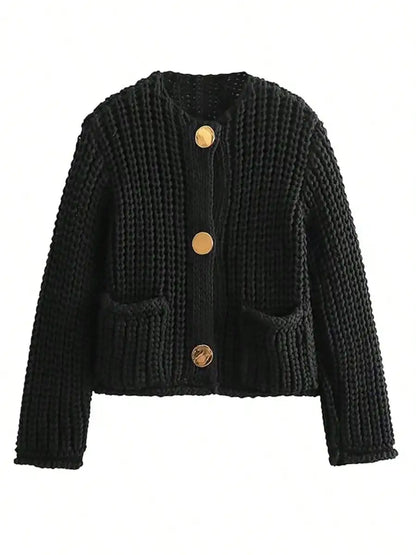 Womens Cropped Cardigan Sweater Button Down Chunky Knit Sweater Long Sleeve Fall Open Front Cardigan