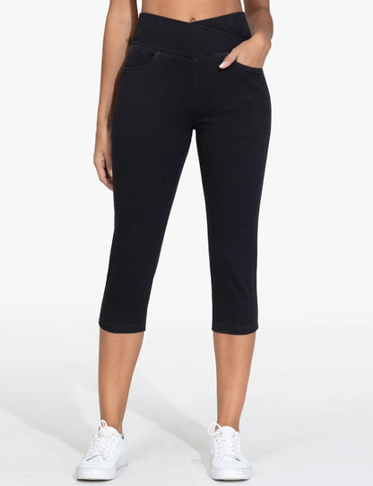 THE GYM PEOPLE Women's Cross Waisted Stretchy Capri Denim Jeggings Tummy Control Skinny Jean Leggings with Pockets