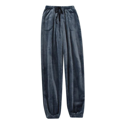 Men Sleep Pants Warm Pants Long Pants Fall Winter Flannel Elastic Cuff Loungewear Pants Loose Fit
