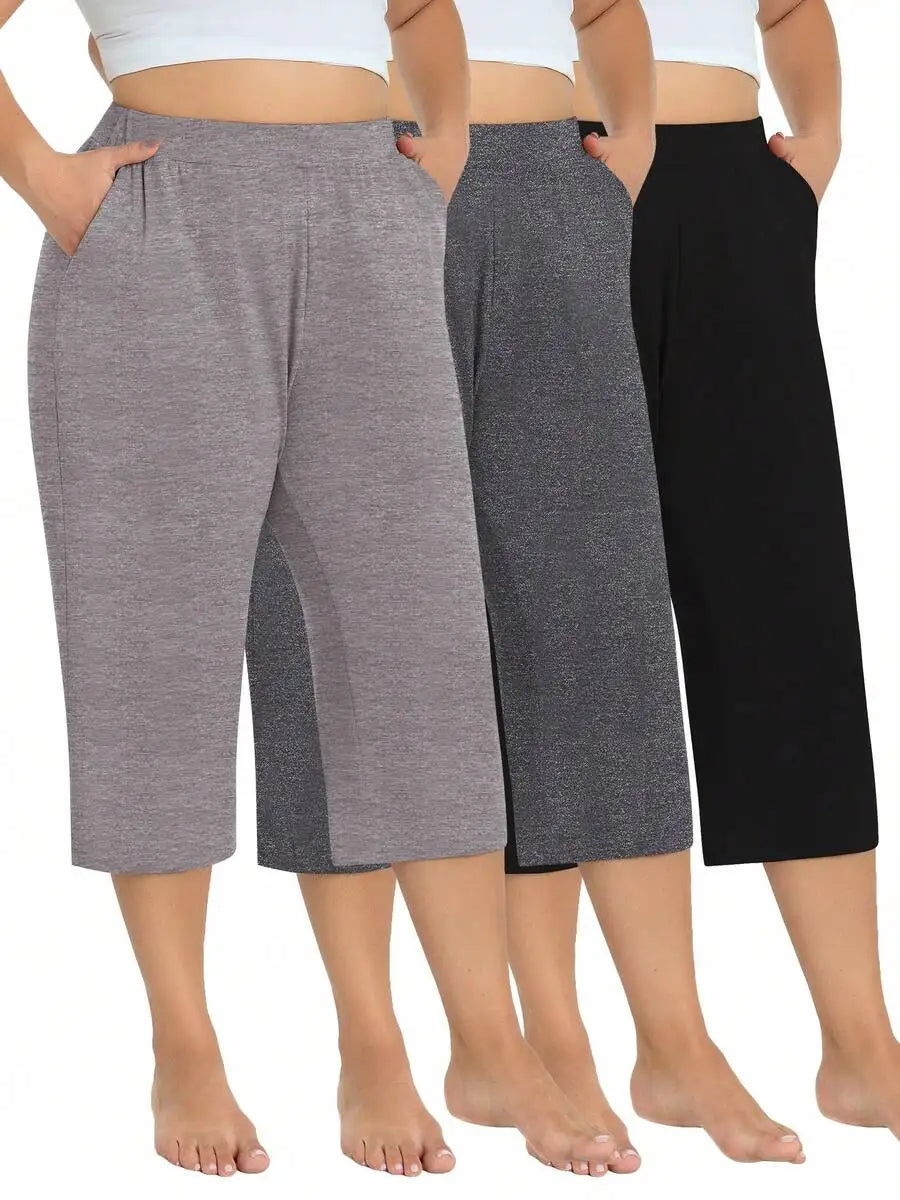 3 Pack Women's Plus Size Capri Sweatpants - Loose Cropped Yoga Lounge Pajama Pants With Pockets For Summer Light Gray + Dark
