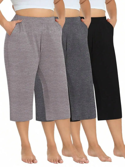 3 Pack Women's Plus Size Capri Sweatpants - Loose Cropped Yoga Lounge Pajama Pants With Pockets For Summer Light Gray + Dark