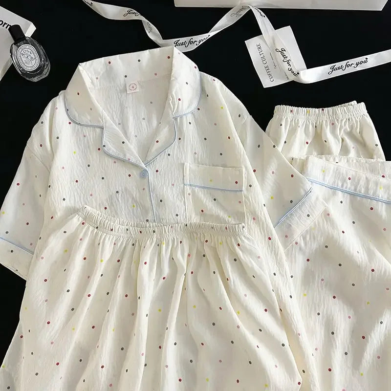 Polka Dot Elegant Women 3PCS Pajama Set Sleepwear Pajama Set Top and Pant with Shorts 3 Piece Set Home Suit Sweet Outfits Y2K