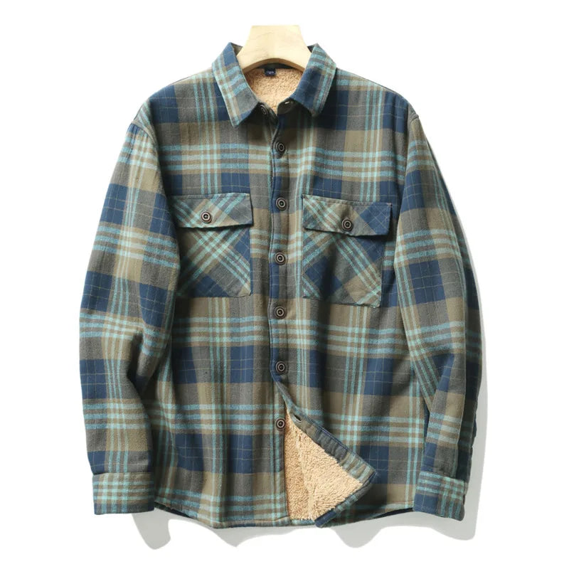 Men's Plaid Flannel Shirts Jacket Fall Winter Thick Fleece Quilted Lined Chest Pocket Long Sleeve Checkered Shirt Man Outwear