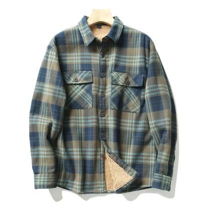 Men's Plaid Flannel Shirts Jacket Fall Winter Thick Fleece Quilted Lined Chest Pocket Long Sleeve Checkered Shirt Man Outwear