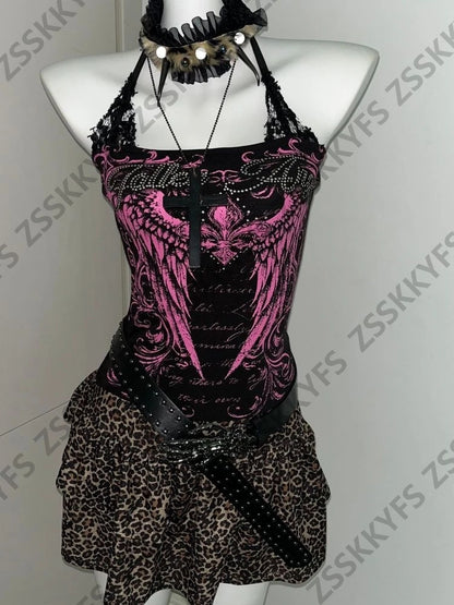 Hot Girl Goth Crop Tanks Streetwear Tube Tops Grunge 2000s Y2k Clothes Sexy Lace Straps Camisole Himekaji Letter Punk Woman Vest