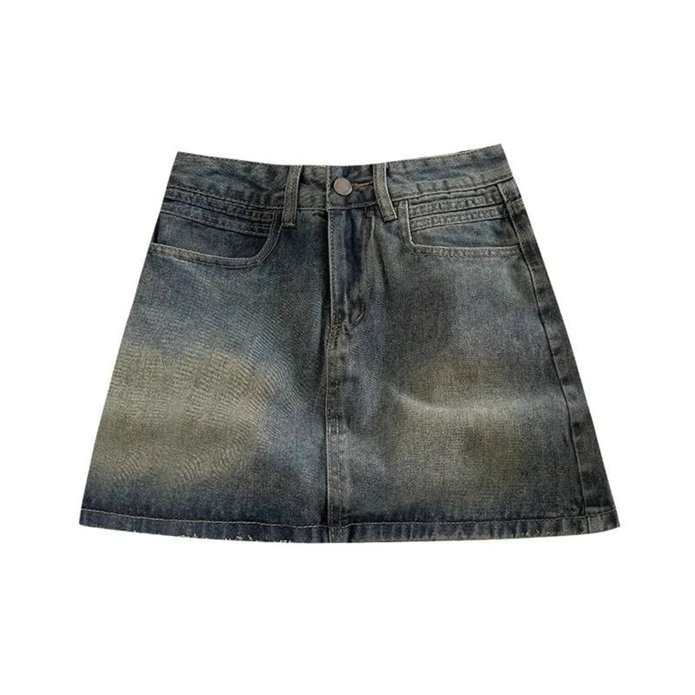 2024 Spring New Women High Belt Anti-exposure Short dress Retro Dark Fashion Solid color Short A Word Denim Skirt