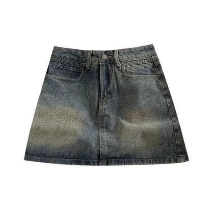 2024 Spring New Women High Belt Anti-exposure Short dress Retro Dark Fashion Solid color Short A Word Denim Skirt