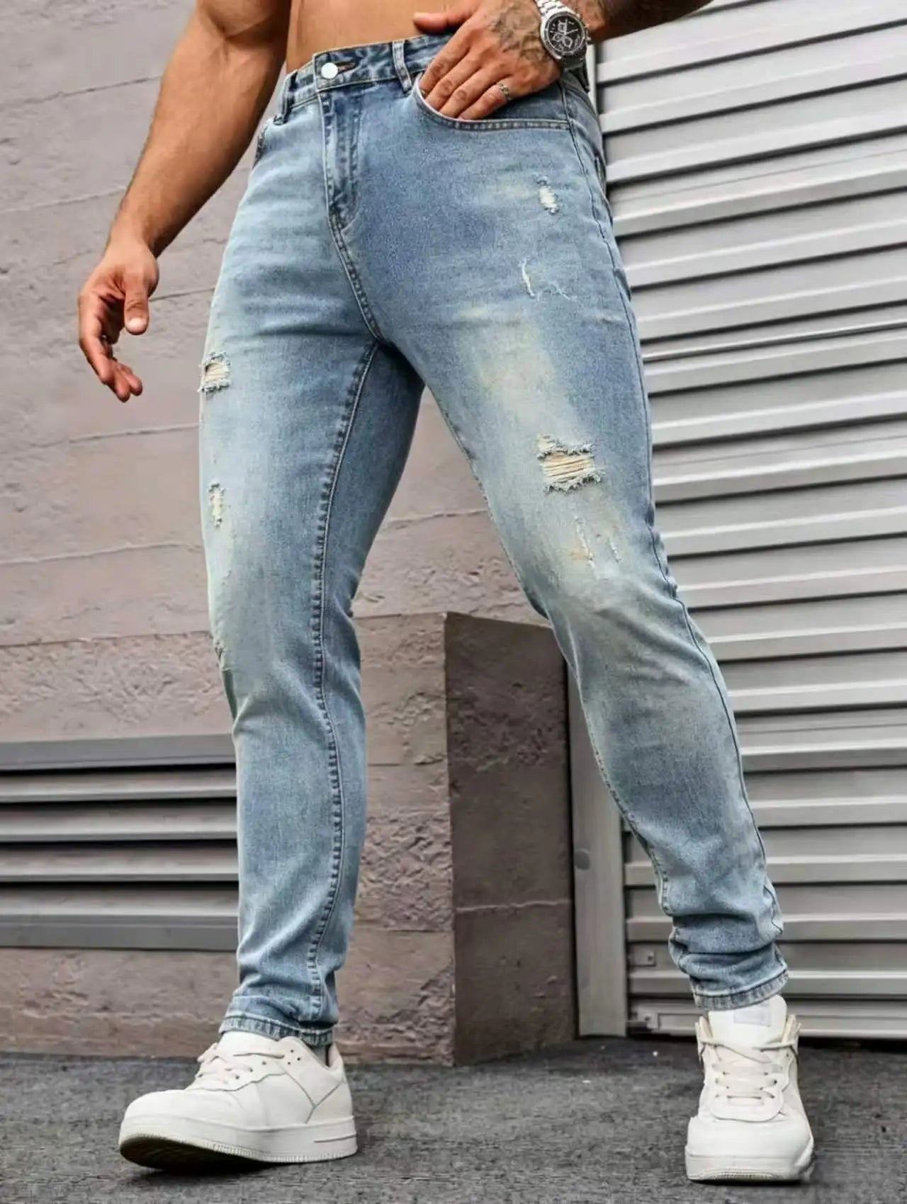 Men's Slim Fit Light Blue Jeans, Ripped Stretch Denim Pants, Casual Straight Leg Washed Jeans,