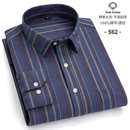 Men's Social Shirts Long Sleeve 100%Pure Cotton Oxford Buttoned Plaid Formal Male Casual Clothes Oversized Shirt Plus Size S-7XL