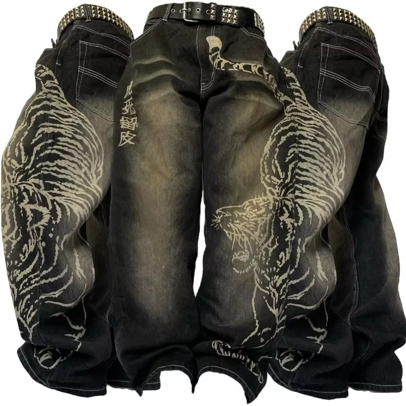 2026 American New Fashion Star Pattern Embroidery Old Jeans Women Y2K Gothic Hip-hop Casual Joker Straight Wide-leg Trousers