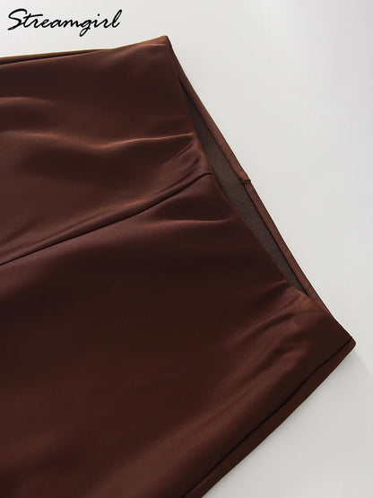 Streamgirl Summer Satin Pants For Women Wide Leg Beige Silk Trousers Long Straight Leg Luxury Pants For Summer Women Elegant
