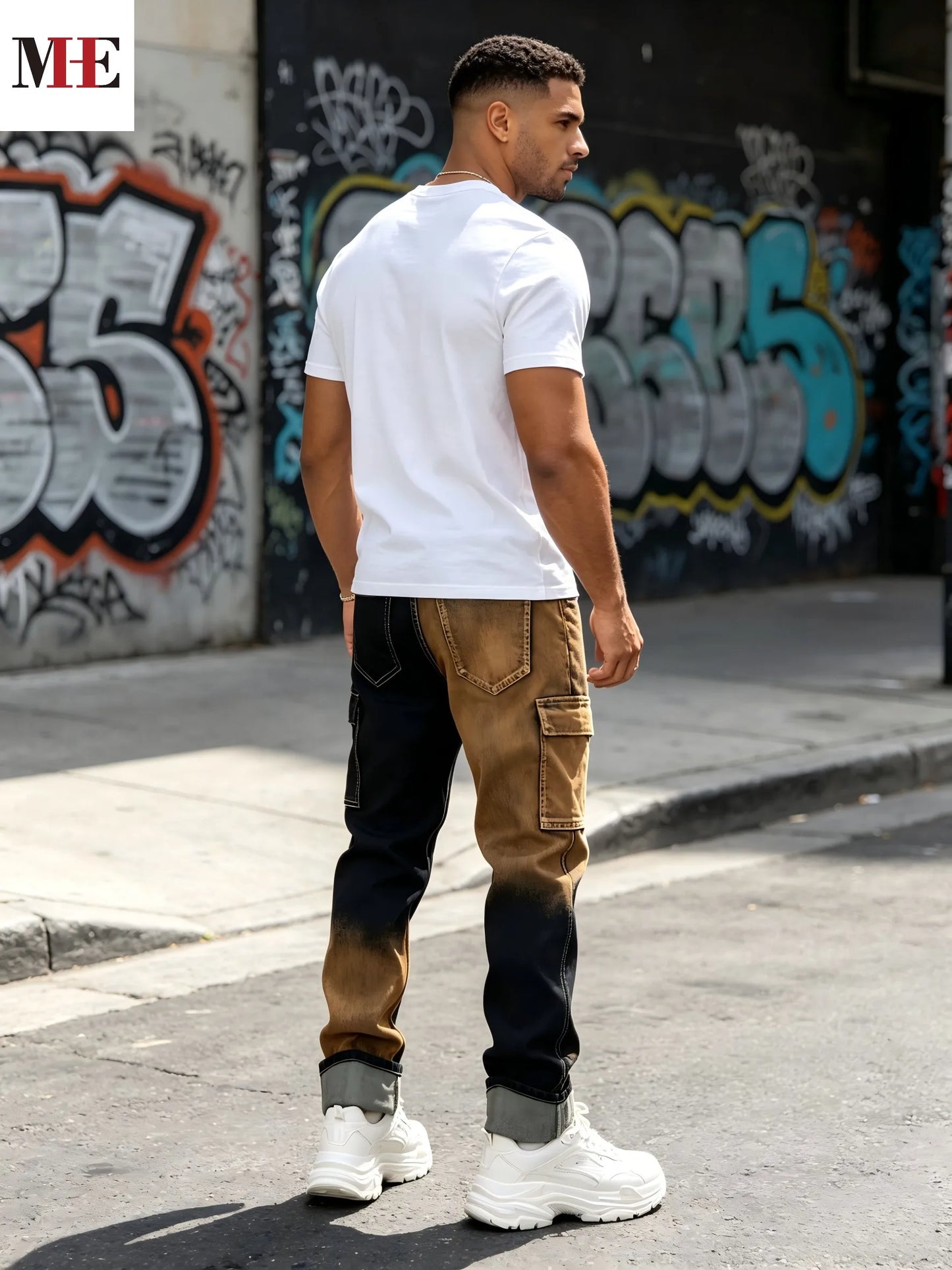 【HME】Men's jeans | Two-tone split gradient slim straight denim pants with dual side cargo pockets, stretch soft anti-fade contrast wash denim fabric, avant-garde street unique color block men's fashion denim pants.
