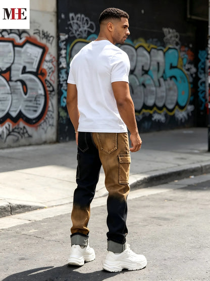 【HME】Men's jeans | Two-tone split gradient slim straight denim pants with dual side cargo pockets, stretch soft anti-fade contrast wash denim fabric, avant-garde street unique color block men's fashion denim pants.