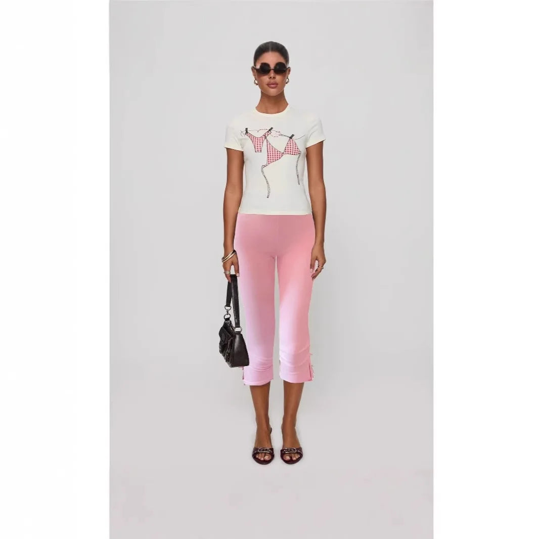 ONE TO WAN Women's Y2K Cute Capri Pants Solid Color Satin Bow Decor Side Split Summer Slim CroppedTrousers Stretch Crop Leggings