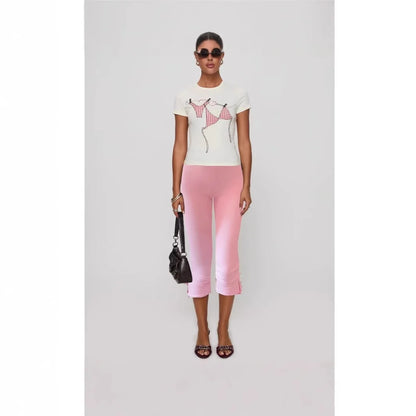 ONE TO WAN Women's Y2K Cute Capri Pants Solid Color Satin Bow Decor Side Split Summer Slim CroppedTrousers Stretch Crop Leggings