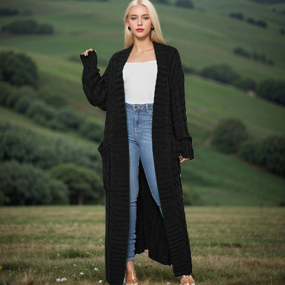Women's solid-color textured drop-shoulder pocket long cardigan, a casual long-sleeved knitted garment suitable for autumn and winter,