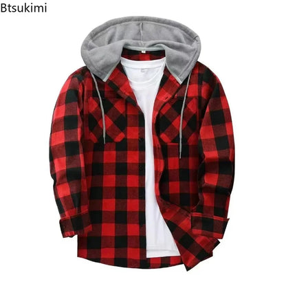 2026 Men's Flannel Shirt Jackets Classic Plaid Loose Casual Hooded Coats Double Pockets Button-up
