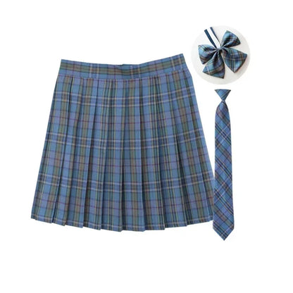 Women Summer Plaid Pleated Skirt With Necktie Bowtie Korean Jk Skirt Uniform Japanese School Preppy A Line Mini Skirts