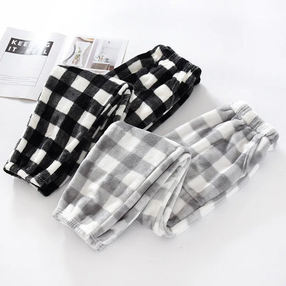 Autumn and Winter Super Warm Thickening Flannel Men's Plaid Pants Black Grey Colors Matching Men Pajamas Trousers