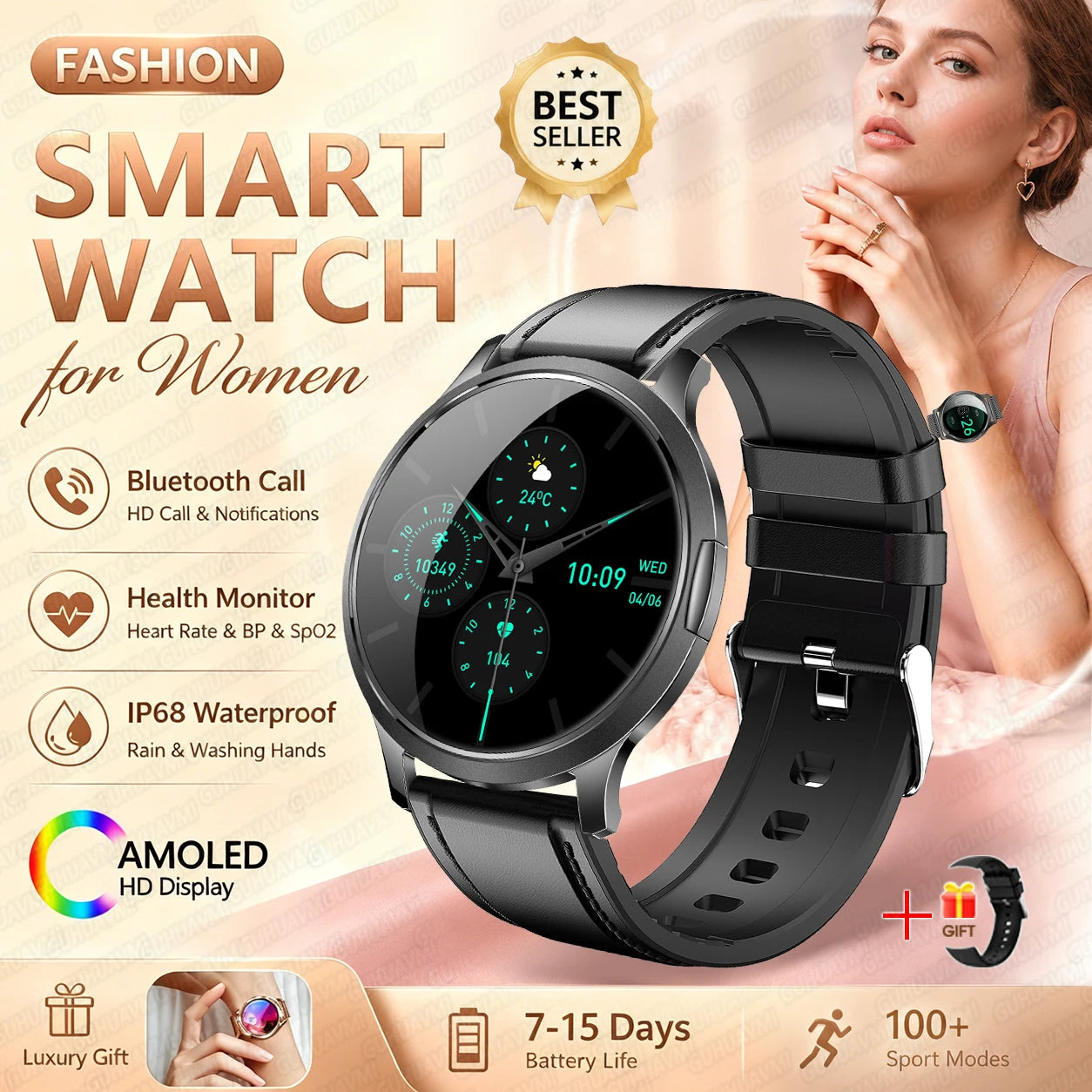 Fashion Women Smart Watch 1.32”AMOLED 100+dials Heart Rate Blood Oxygen Blood Pressure Monitoring Waterproof Give a Gift 2026New