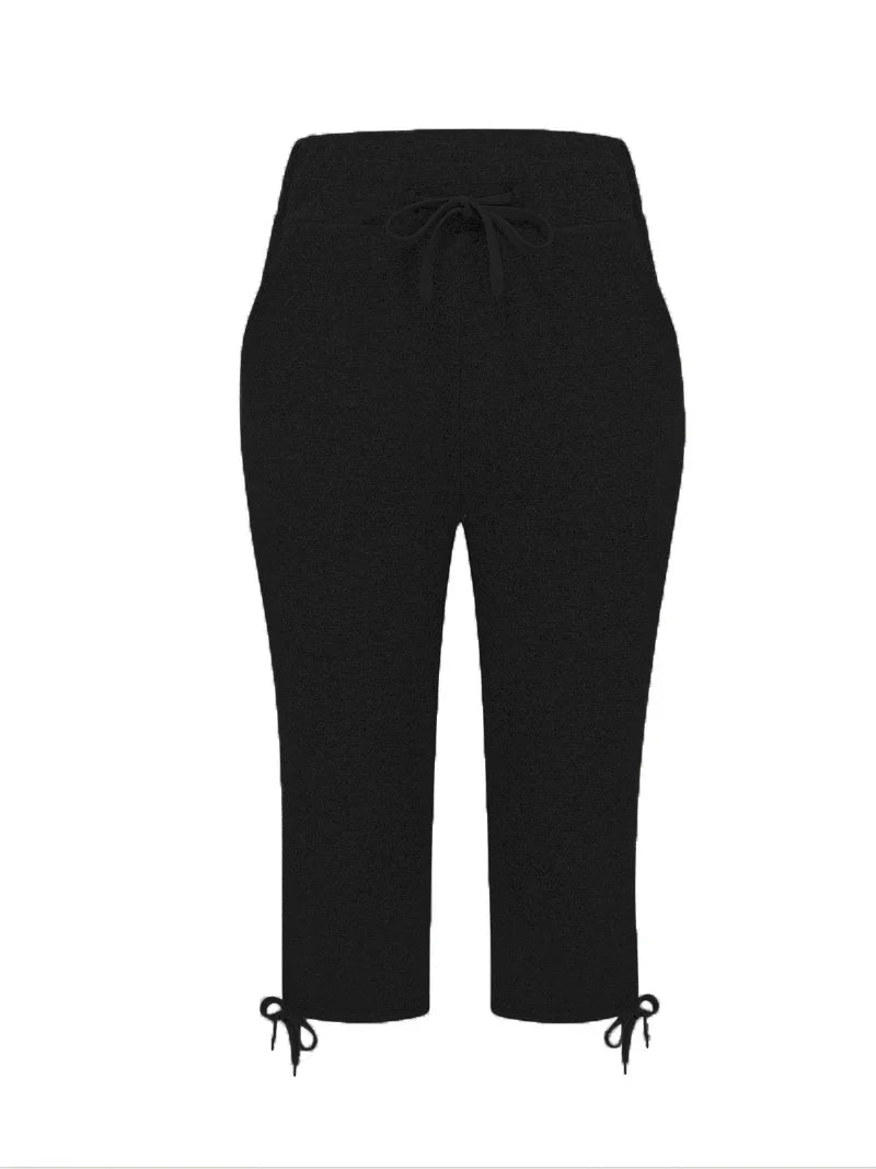 Plus size spring/summer/autumn stretch seven point jogging pants for women, with drawstring at the waist - fashionable pure blac