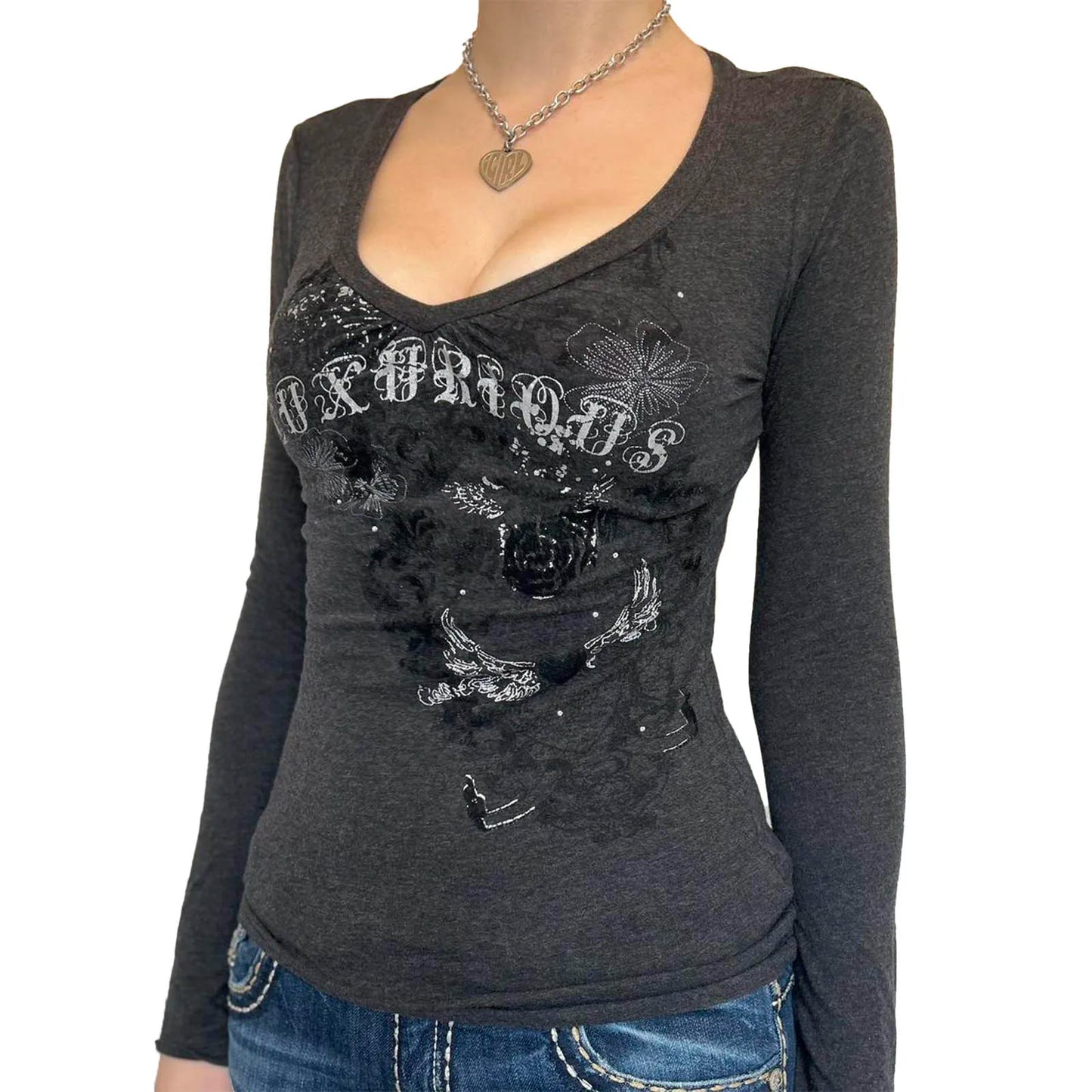 Women Autumn Fairy Grunge T-shirts Tops Y2K Long Sleeve Vintage Graphic Shirts E-Girls Aesthetic Tees Gothic Clothes Streetwear